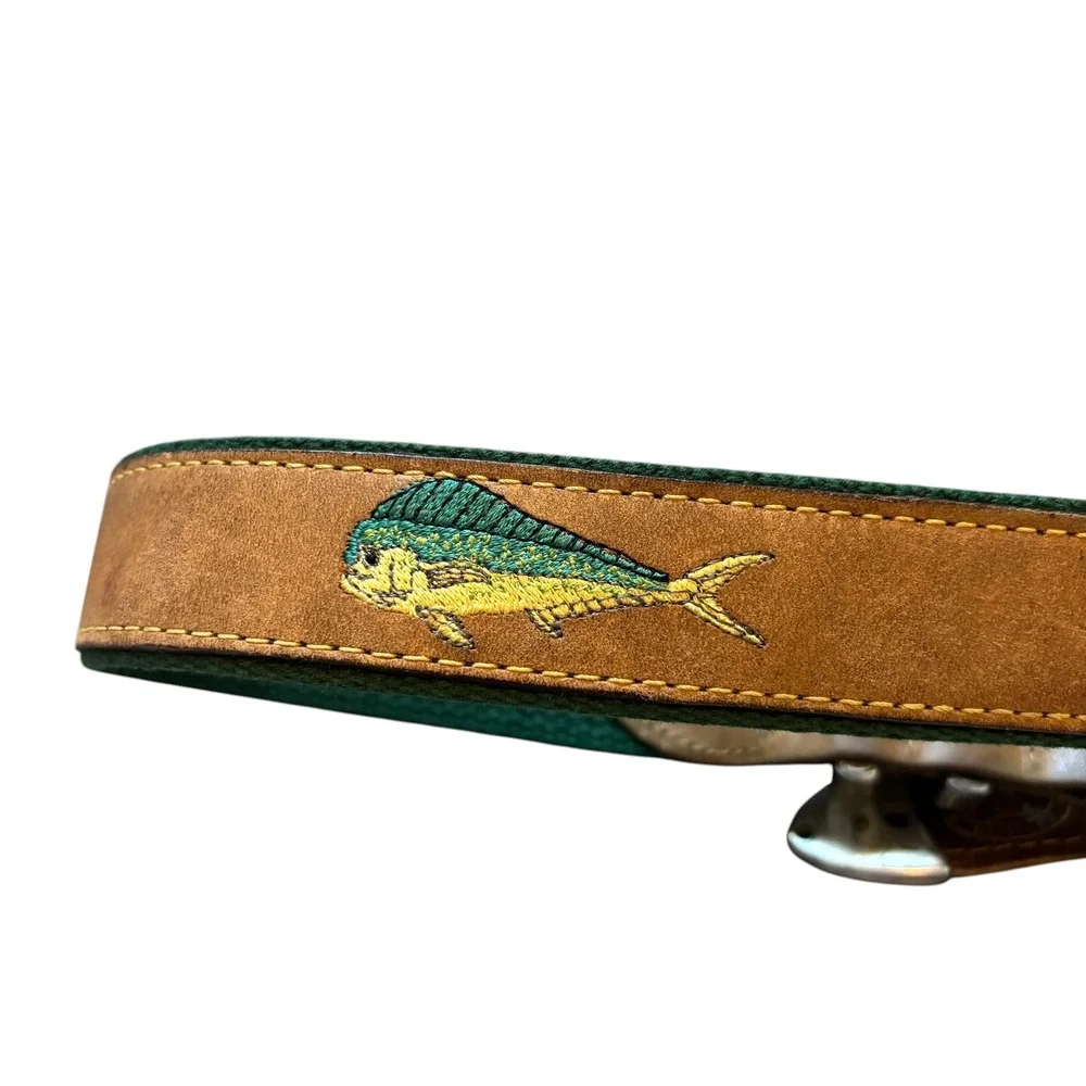 Vintage JTS Mahi Mahi Fish‎ Leather Webbing Belt Brown Green Mens 44 Made in USA